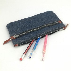 Denim navy pencil pouch pen case bag carrying bag with 2 zippers jean pocket Office Supply pen case bag pencil holder stationery bag zipper pouch cosmetic makeup pouch China OEM ໂຮງງານຜະລິດ