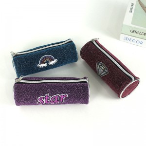 Cylinder shape glitter icon logo polyester 3 color available with zipper closure pencil pouch pen case toiletry pouch China OEM factory supply
