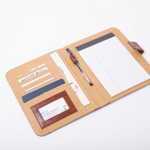 פנקס תיקי קבצים מסוג A4 מעור PU בצבע חום וחאקי עם כפתור לחיצה עם לולאת עט אלסטית עם חריצי כרטיסים עם משטח כתיבה תיקיית מצגת עסקית