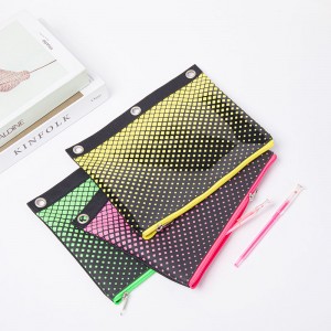 Bright holographic grid printing leather&polyester zipper closure with 3-round rings 3 colors available great gift binder pouch pencil bag