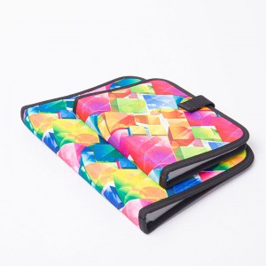 Erasable colorful abstract graphic print PP polyester drawing board with exterior mesh grid zipper pocket with magic tape closure with 5 elastic pen loops