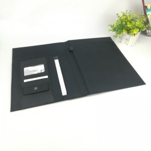 Lightweight portable classical black portfolio zipper closure with card slot compartments with side pocket with writing pad notebook for business office school China OEM manufacturer supplies