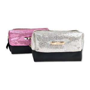 Glitter leather silver gold pink cosmetic bag with zipper closure makeup bag toiletry case large capacity for women girls ladies