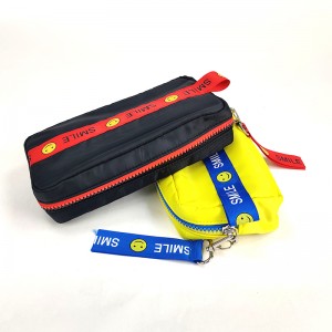 Lovely smiling face pencil pouch pen case with logo key ring stripe loop with zipper closure cosmetic bag handbag for all ages China OEM factory