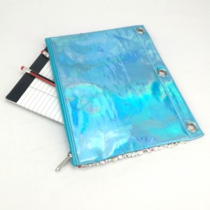 Glitter iridescent blue binder pouch with 3 round rings binder with zipper closure for school business office for women girls teenagers