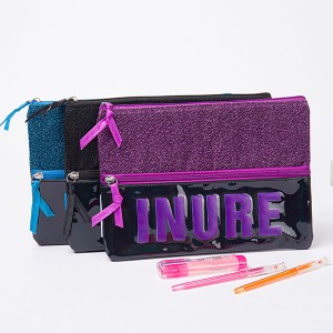 Leisure glitter polyester + PU ຫນັງ zippers double zippers bag pencil pouch cosmetic bag makeup bag extra frontal space ຂອງຂວັນທີ່ຍິ່ງໃຫຍ່ສໍາລັບຫ້ອງການທຸລະກິດອຸປະກອນໂຮງຮຽນສໍາລັບເດັກນ້ອຍໄວລຸ້ນນັກສຶກສາຜູ້ໃຫຍ່