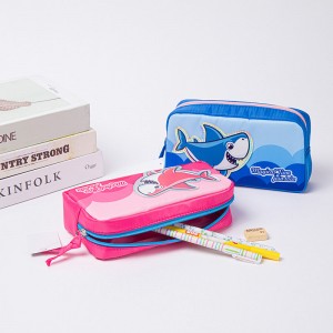 Cute shark printing leather at polyester 4 na kulay na available na may zipper closure pencil pouch pen case toiletry pouch China OEM factory supply