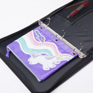 Cute rainbow and unicorn leather&polyester removable file folder with removal zipper binder bag with zipper closure with 3 round ring binder with interior mesh grid pocket 4 colors available l...