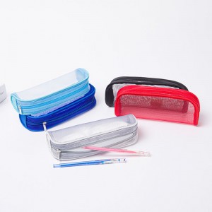 Clear translucent mesh grid polyester cosmetic bag with zipper closure 5 colors available big capacity pencil pouch pen case