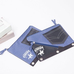 Klassisk blå denim jean lomme udseende binder pose makeup taske med lynlås lukning med 3 runde ringe ring arrangør toiletpung penalhus pung