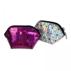 Kabuk şekli PU deri tam holografik baskı ızgara desen kozmetik çantası makyaj çantası makyaj çantası kadın kızlar bayanlar için