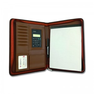 Chinese manufacturer premium brown business portfolio with zipper closure padfolio superior business impressions begin with PU Leather smart storage solar calculator with writting pad