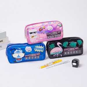 ການພິມກາຕູນທີ່ມີການປັບແຕ່ງປ້າຍ PU ຫນັງ 3 ສີທີ່ມີ zipper ປິດຫ້ອງນ້ໍາ pouch pencil pouch pen case ຈີນໂຮງງານຜະລິດ OEM
