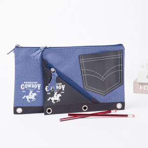 Класична сина тексас џин џебен изглед на врзивно торбичка чанта за шминка со затворање патент со 3 кружни прстени организатор на врзивно средство за тоалетна торбичка чанта за молив