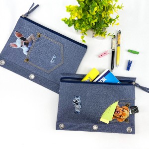 Doggy denim pocket binder pouch pencil bag with double pocket with zipper closed with 3 round rings 3 color available great gift for kids teens adult សម្រាប់ការិយាល័យសាលារៀន ប្រើប្រាស់ប្រចាំថ្ងៃ
