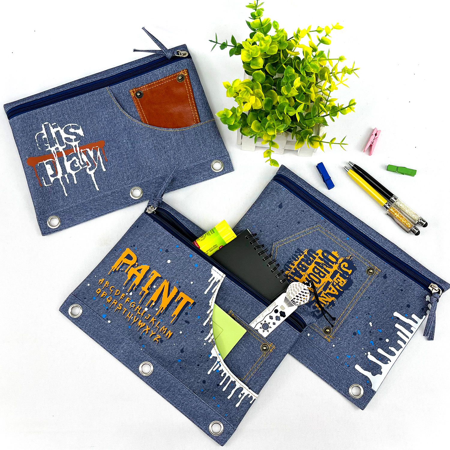 Manufacturer of Manual Cover - Graffiti painting blue denim polyester binder pouch pencil bag with double pocket with zipper closure with 3-round rings 3 colors available great gift for kids teens...