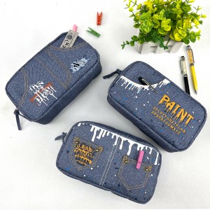 Blue denim pocket poly pencil pouch organizer case handbag zipper closure large storage cosmetic bag for all ages for business office school daily use for men women China OEM factory