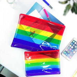 ការរចនាម៉ូដឥន្ទធនូប្រទេសចិន OEM ល្អក់កករ PVC poly zipper bag អ្នករៀបចំឯកសារ អ្នកកាន់ឯកសារ ខ្សែរ៉ូតបិទសម្រាប់មនុស្សគ្រប់វ័យ សម្រាប់ការផ្គត់ផ្គង់សាលាអាជីវកម្មការិយាល័យ A4 a5
