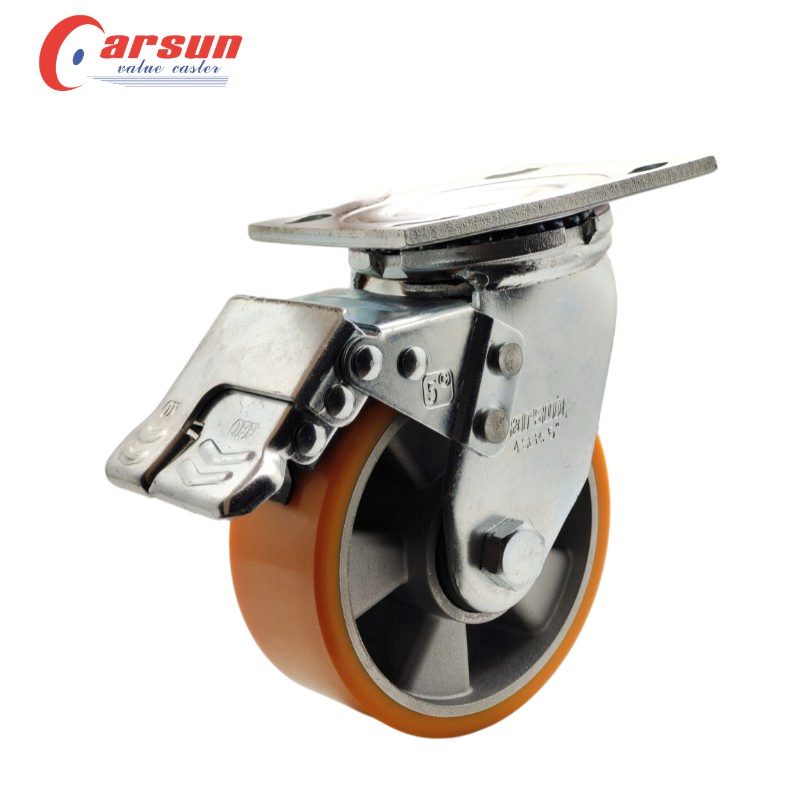 5 inch swivel aluminum core yellow polyurethane caster with metal brake heavy duty industrial caster 3
