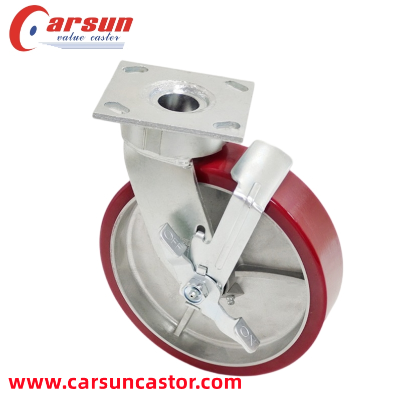 Heavy Industrial Casters 8 Inch Aluminum Core Polyurethane Wheel Casters with Side Brakes Featured Image