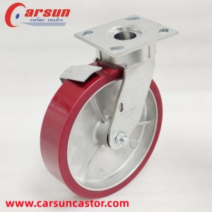 Heavy Industrial Casters 8 Inch Aluminum Core Polyurethane Wheel Casters with Side Brakes