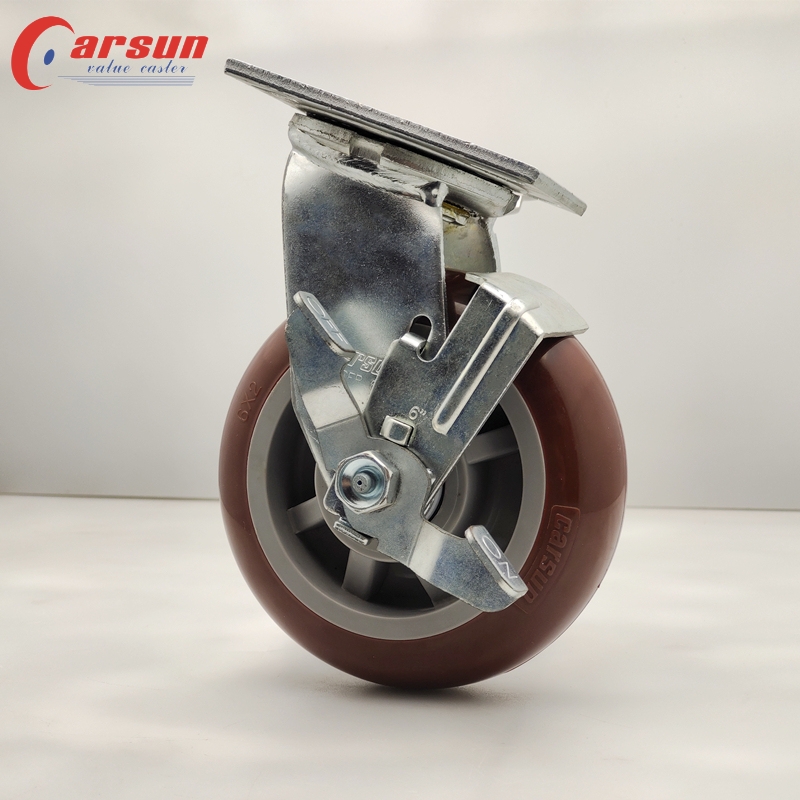 Heavy duty caster 6 inch Pu industrial caster with metal side brake 1