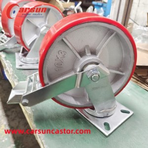 Ultra Heavy Industrial Casters 10 Inch Cast Iron Core PU Wheel Swivel Casters with Metal Tread Brake