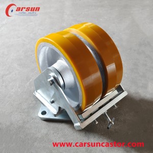 Ultra-heavy industrial caster wheel iron core PU double wheel swivel castors with metal tread brakes for automobile manufacturing workshops