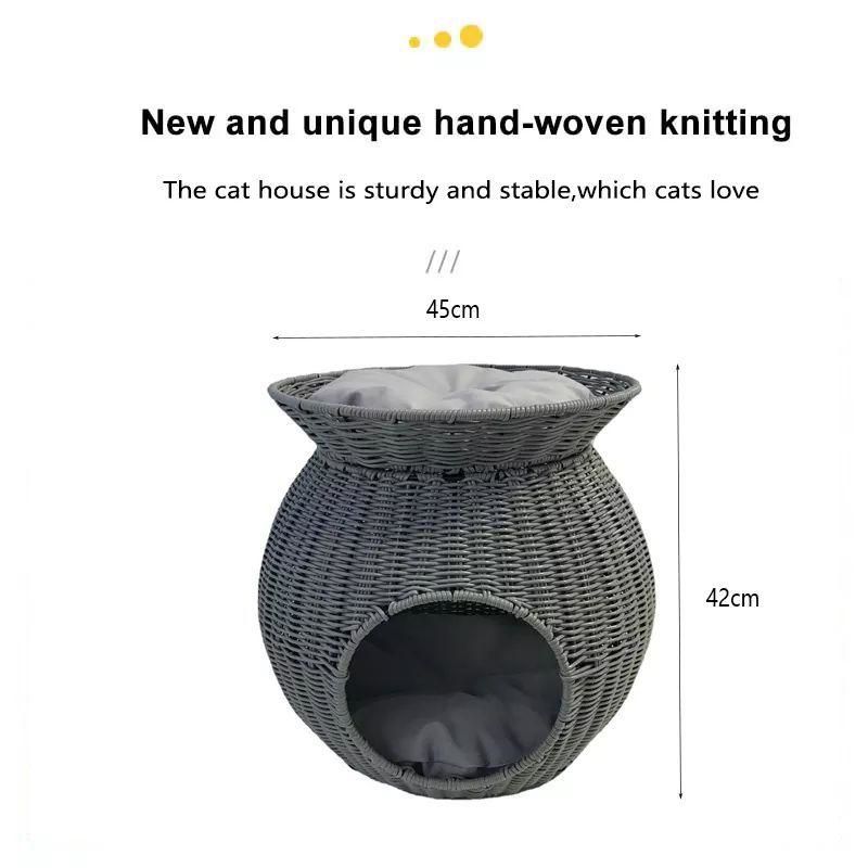 CB-PR014 Cúpula de vimbio para gatos de ratán para mascotas con cama de techo para gatos de interior medianos, cama de techo y cabaña de gatos cuberta de casas de imitación de ratán Mascotas en cesta de cúpula, lavable