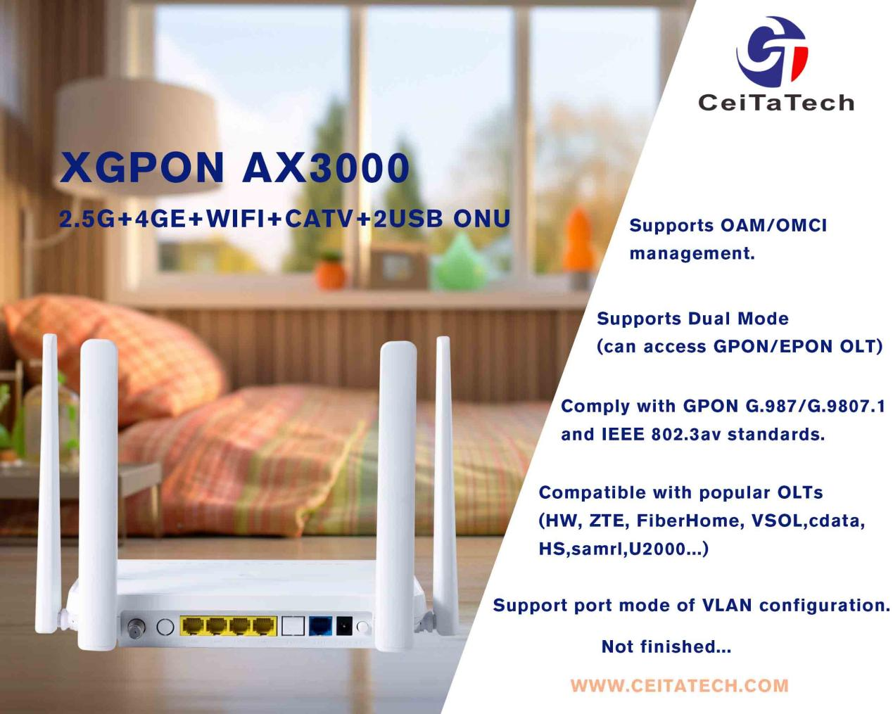XGPON 2.5G നെറ്റ്‌വർക്ക് പോർട്ടും 4 ജിഗാബിറ്റ് നെറ്റ്‌വർക്ക് പോർട്ടുകളും (4GE) കൂടാതെ 3000Mbps വൈഫൈ പ്ലസ് CATV പ്ലസ് 2 USB ONU ONT
