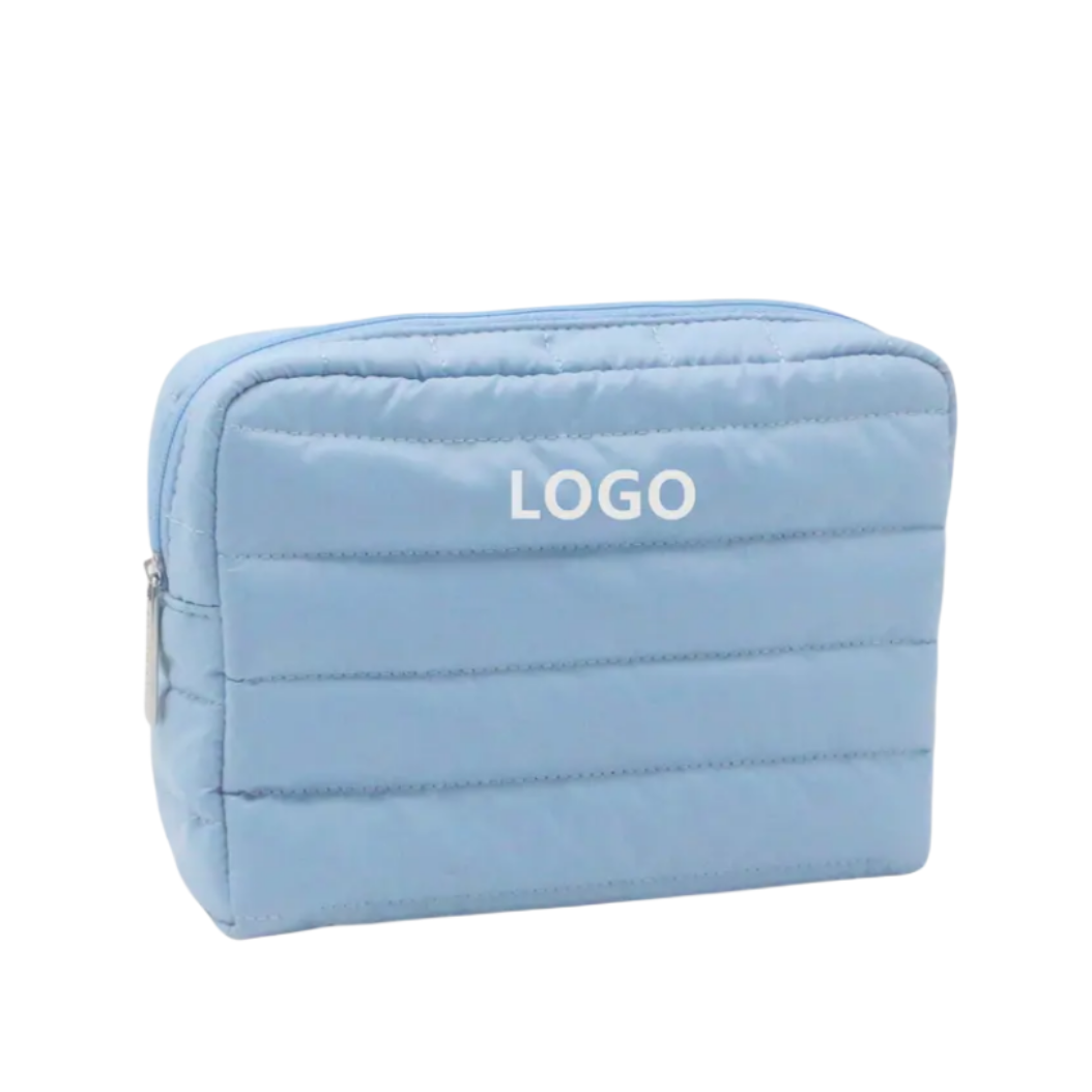Hot Sale Embroidered Nylon Beauty Travel Toiletry Bag Wholesale Bulk Custom Logo Blue Quilted Nylon Cosmetic Makeup Bag