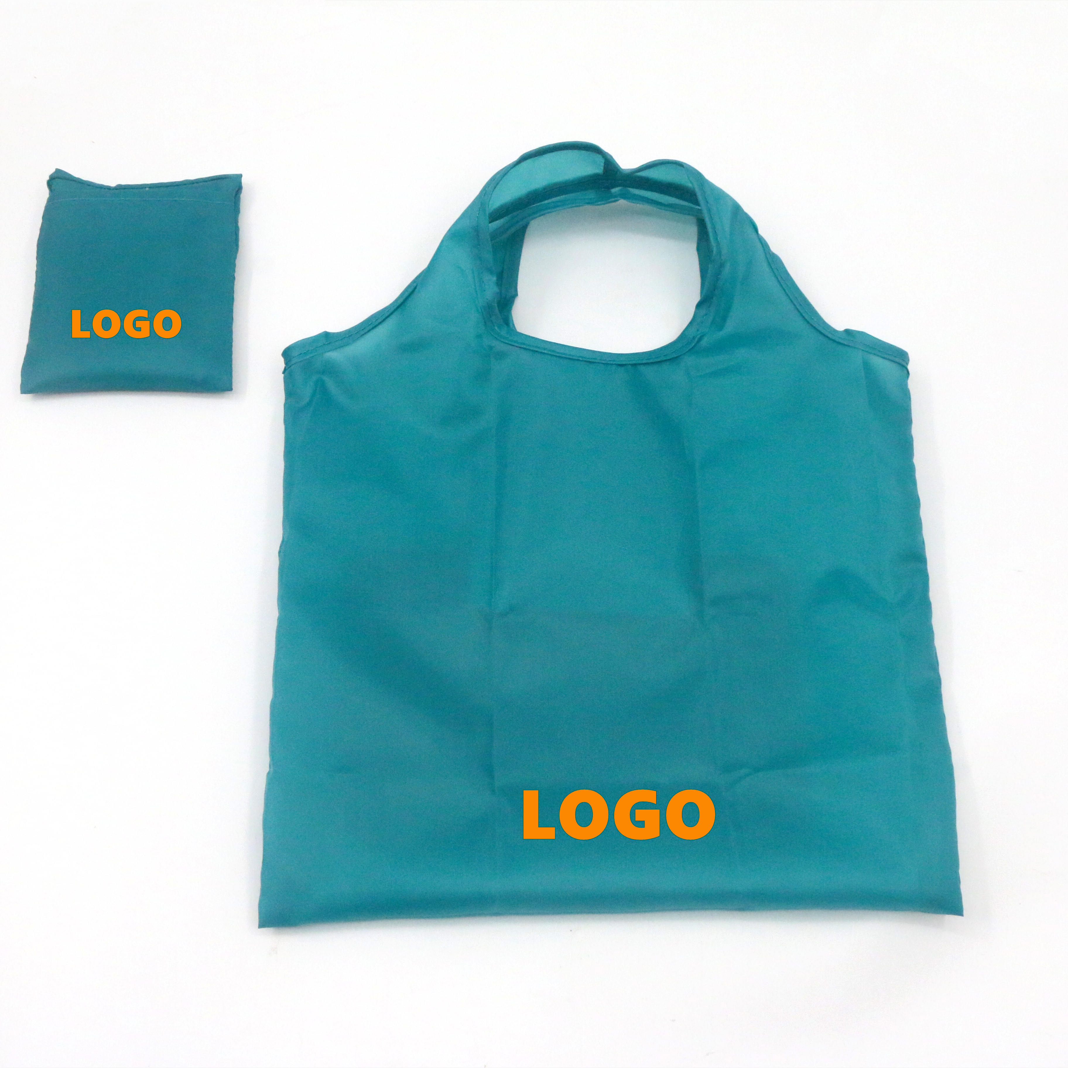 Custom Size 190T rPET Foldable Shopping Bag  Wholesale Cheap Peacock Blue Recycled Polyester Folding Grocery Shopping Bag