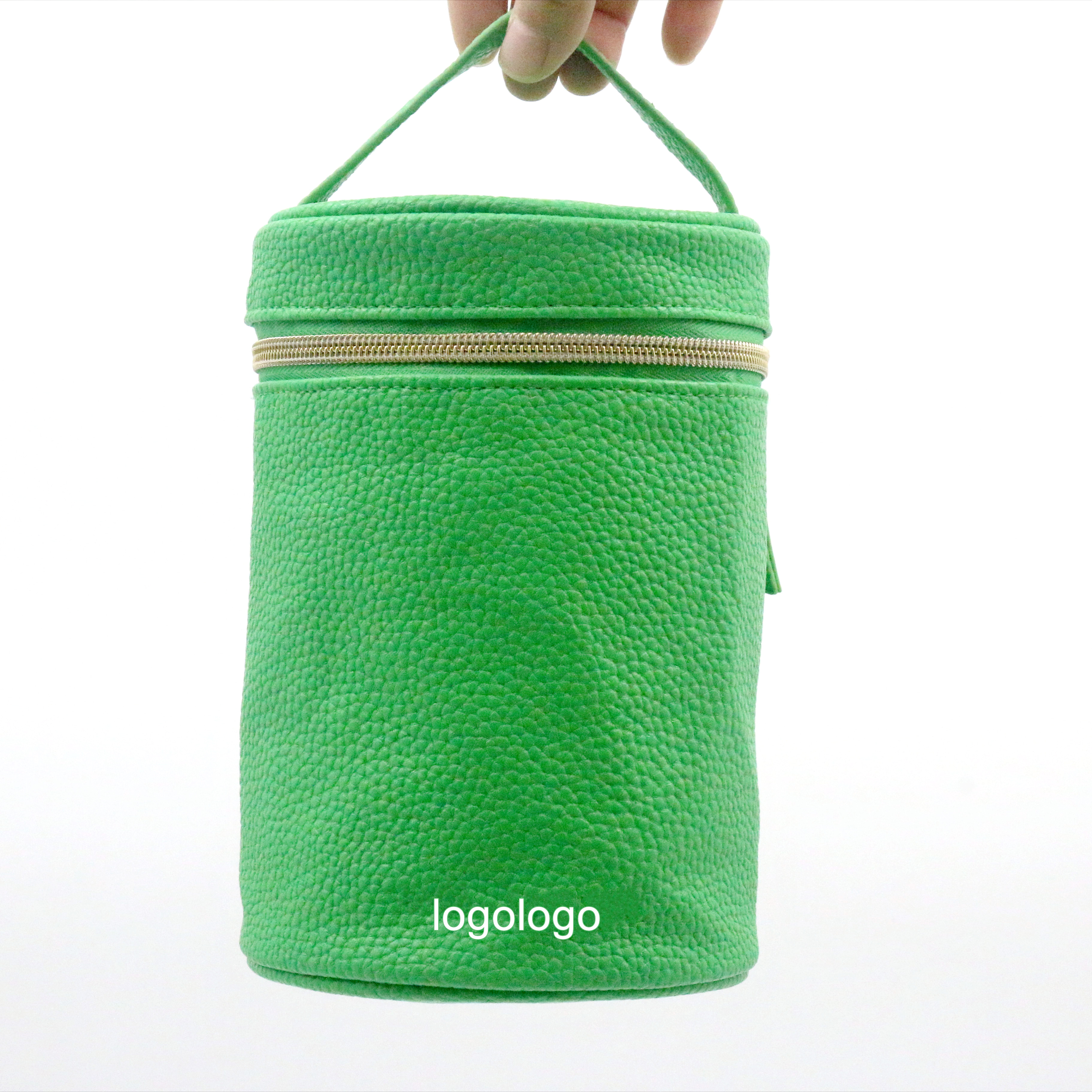 Eye-catching New Product Unique Design Water-based PU Beauty Bag Light Green Laichee Pattern Cylindric Shape Unisex Cosmetic Bag