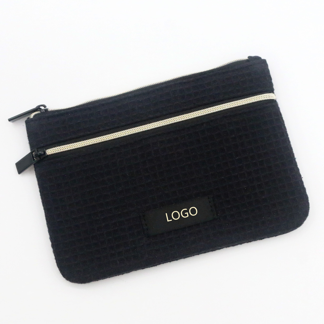 New Waffle Pattern Black Zipper Pouch Eco-friendly Recycled Polyester Cosmetic Bag Custom Logo rPET Sustainable Makeup Pouch