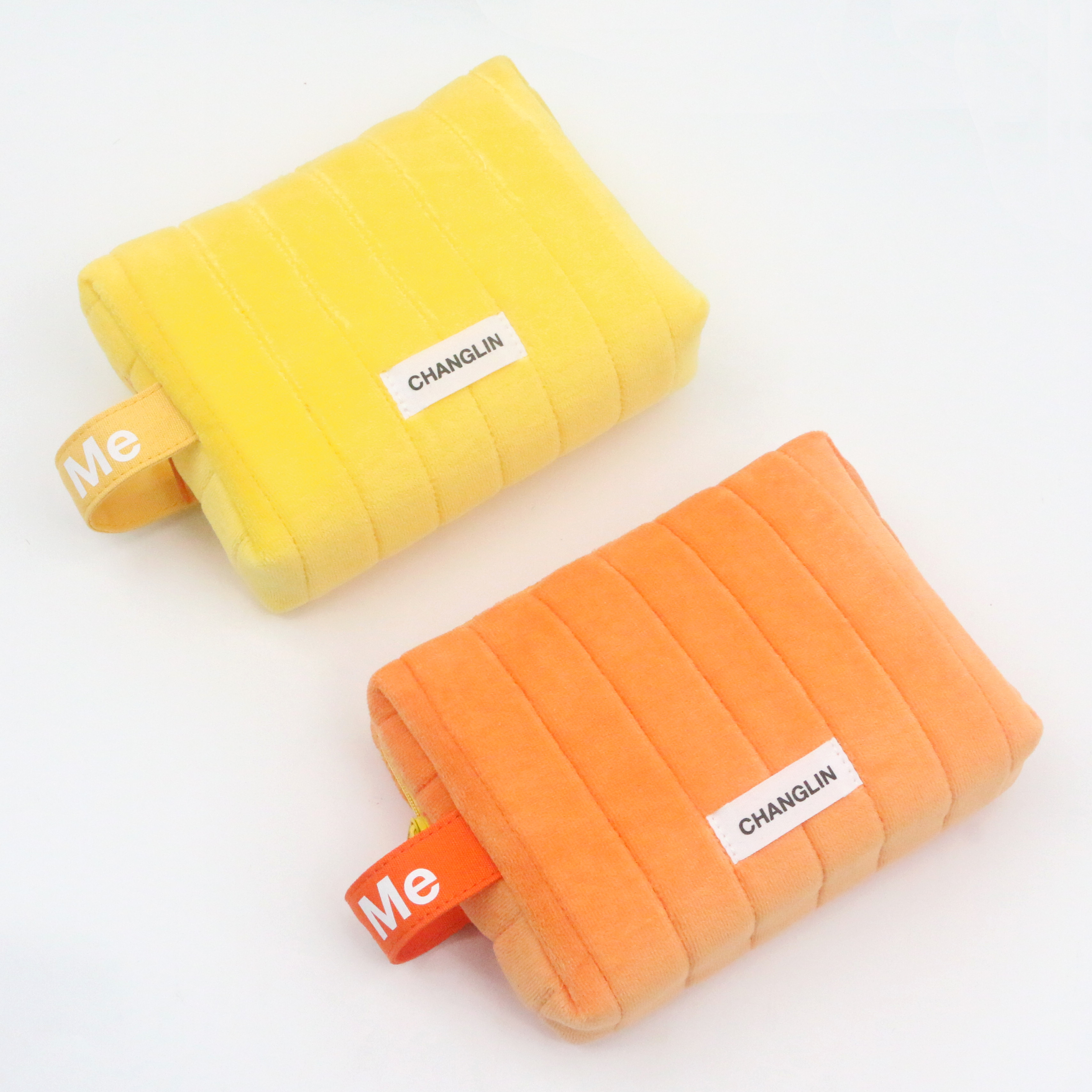 Orange Quilted Velvet Makeup Pouch Wholesale Bulk Cosmetic Bag Custom Travel Small Velvet Polyester Cosmetic Bag