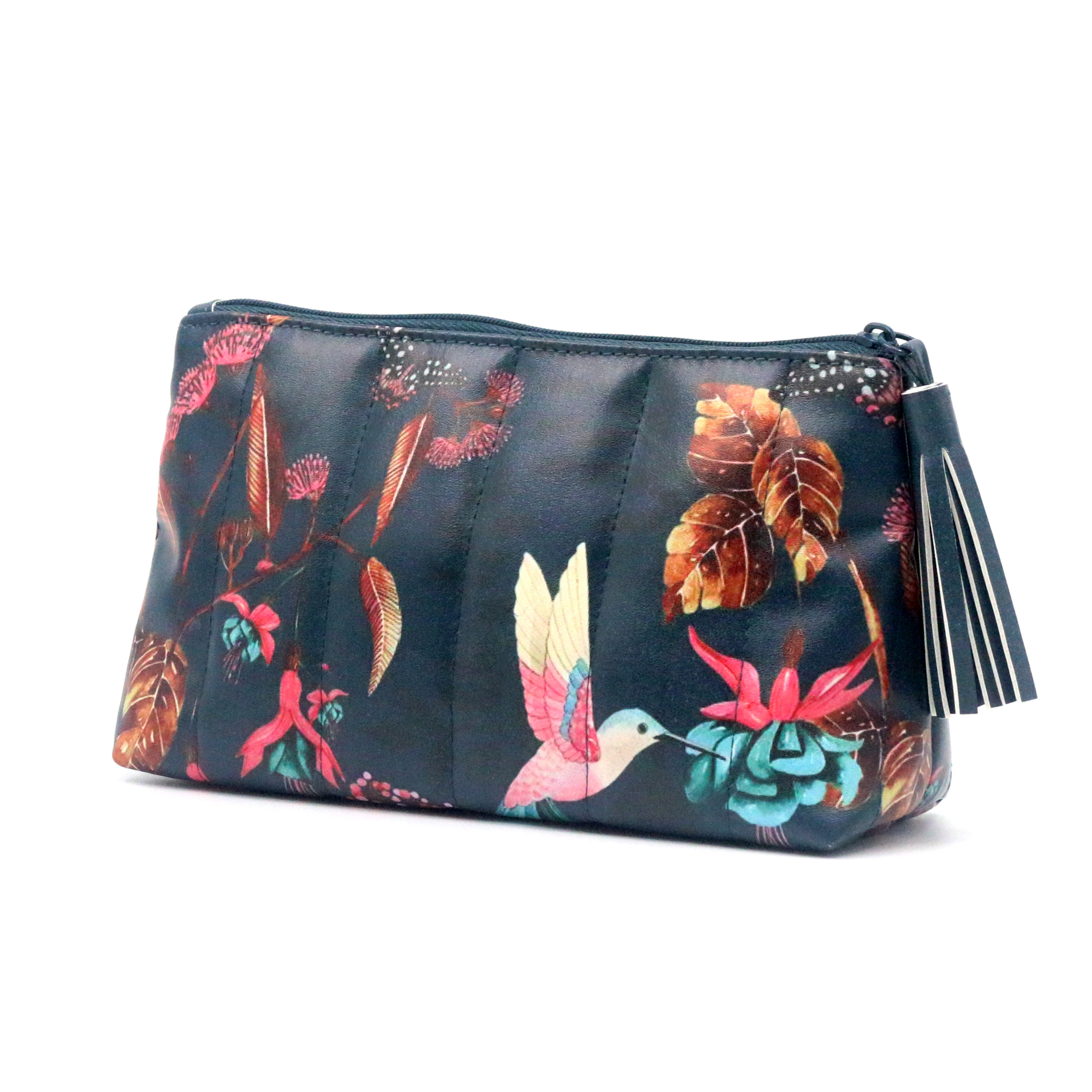 New Products Dark Green PU Quilted Cotton Makeup Bag Floral Birds Pattern Digital Prints Vegan Leather Cosmetic Bag