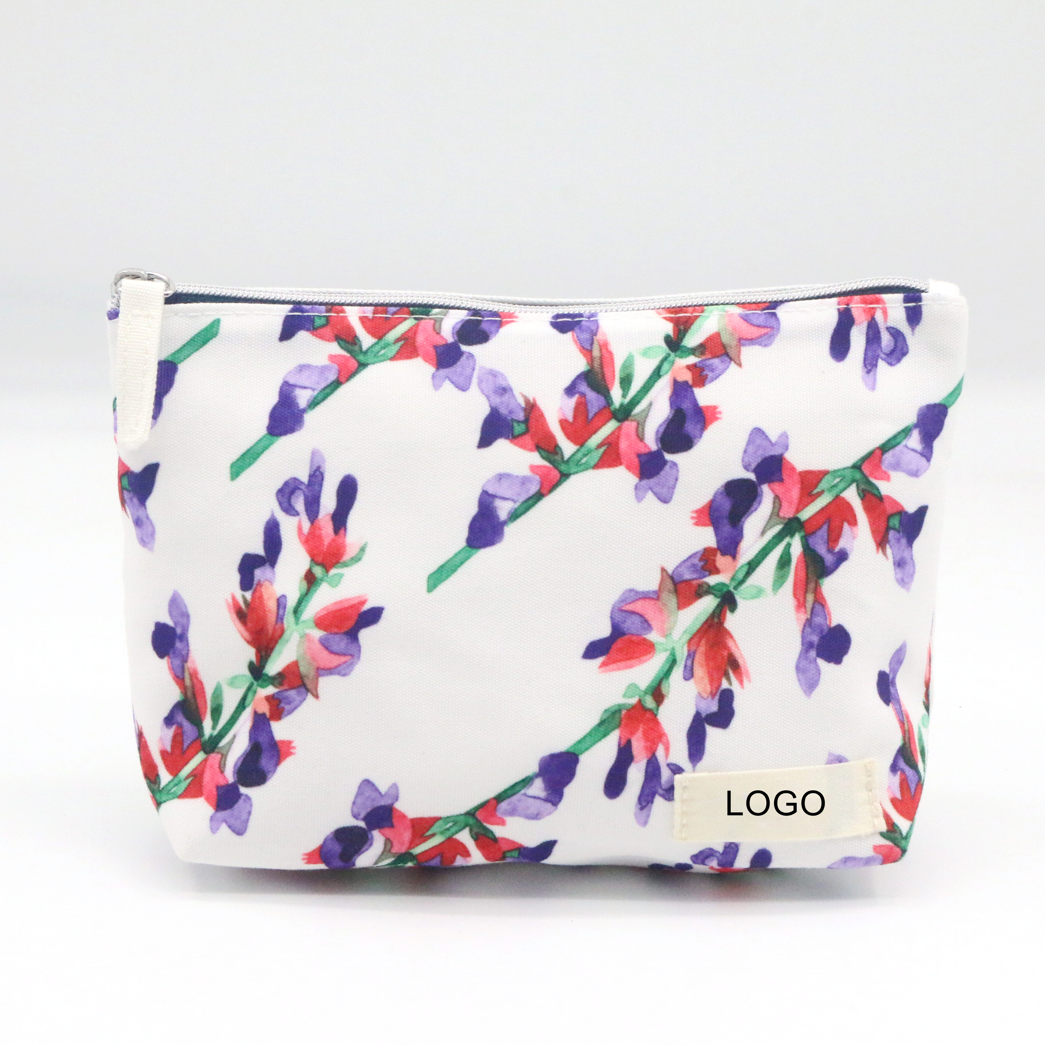 2022 Spring Hot Sale rPET Fabric Cosmetic Pouch Snow White Ground Floral Printing Recycled Polyester Beauty Bag