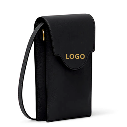 Custom Logo Black Vegan Leather Outdoor Crossbody Phone Holder Flap Closure Cellphone Case Shoulder Strap PU Phone Pouch Bag