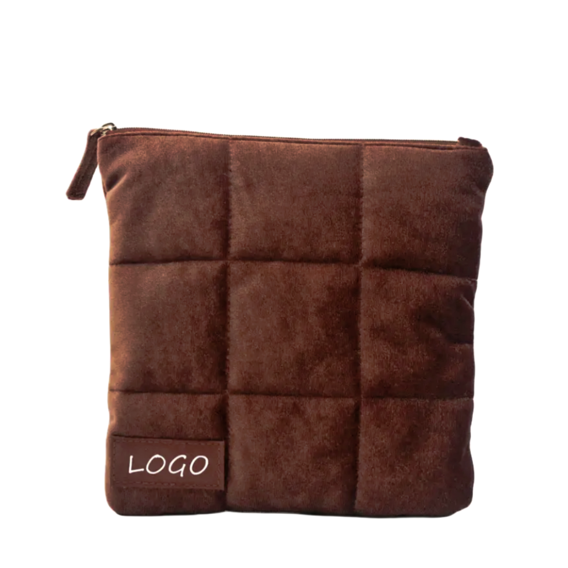 Custom Logo Promotional Pouch Brown Velvet Cosmetic Flat Pouch Zipper Closure Beauty Bag Polyester Quilted Flat Makeup Pouch