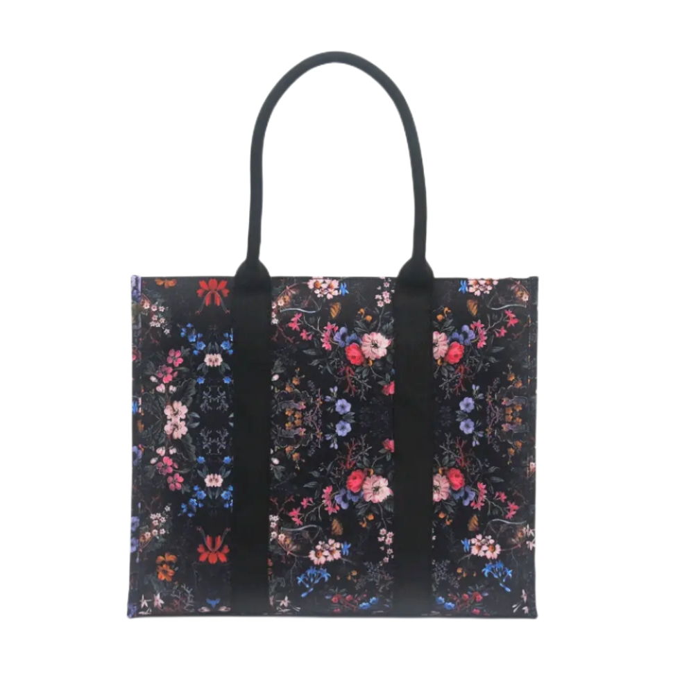 ODM OEM Vintage Flower Black Polyester Canvas Shopping Tote Large Capacity Women Lady Fashion Grocery Shopping Canvas Bag