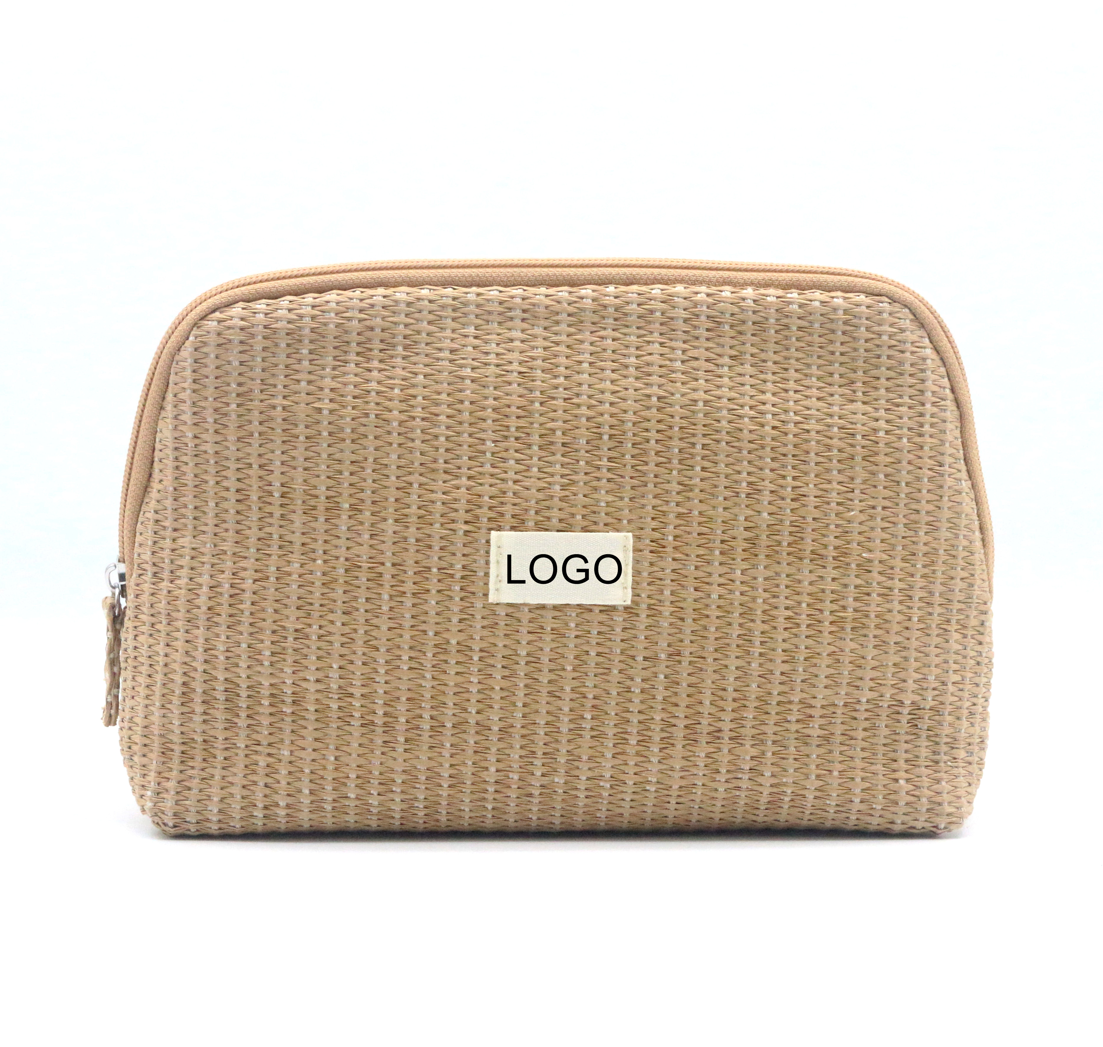 Trendy Large Capacity Eco-friendly Natural Straw Cosmetic Bag  Popular Shell Shape Zipper Closure Straw Makeup Bag