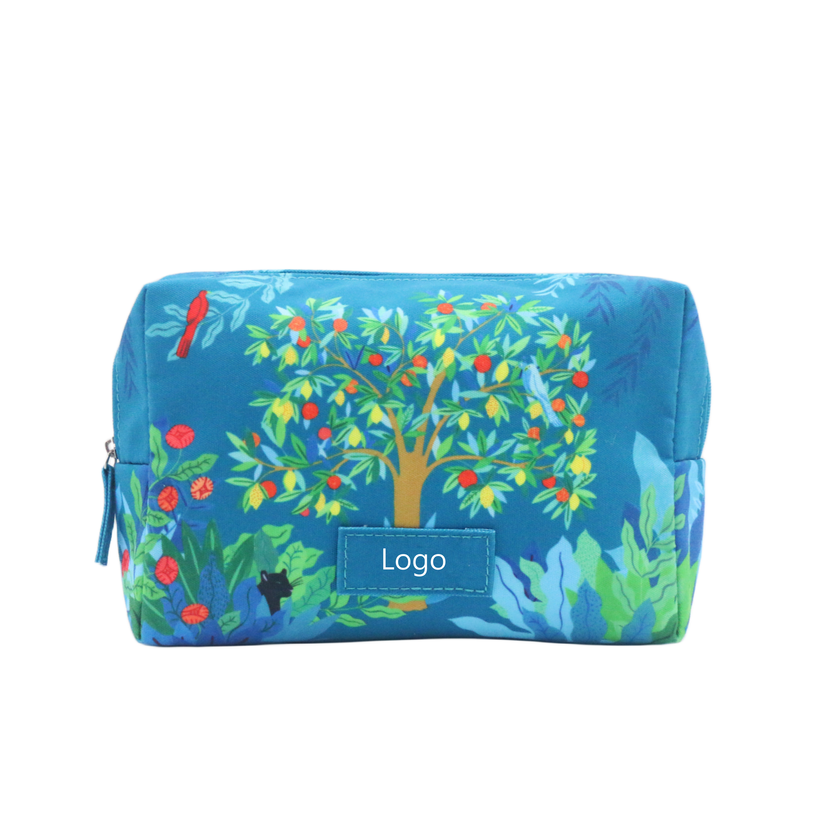 Recycled Cotton Makeup Pouch Popular Floral Prints Blue Cotton Canvas Cosmetic Bag