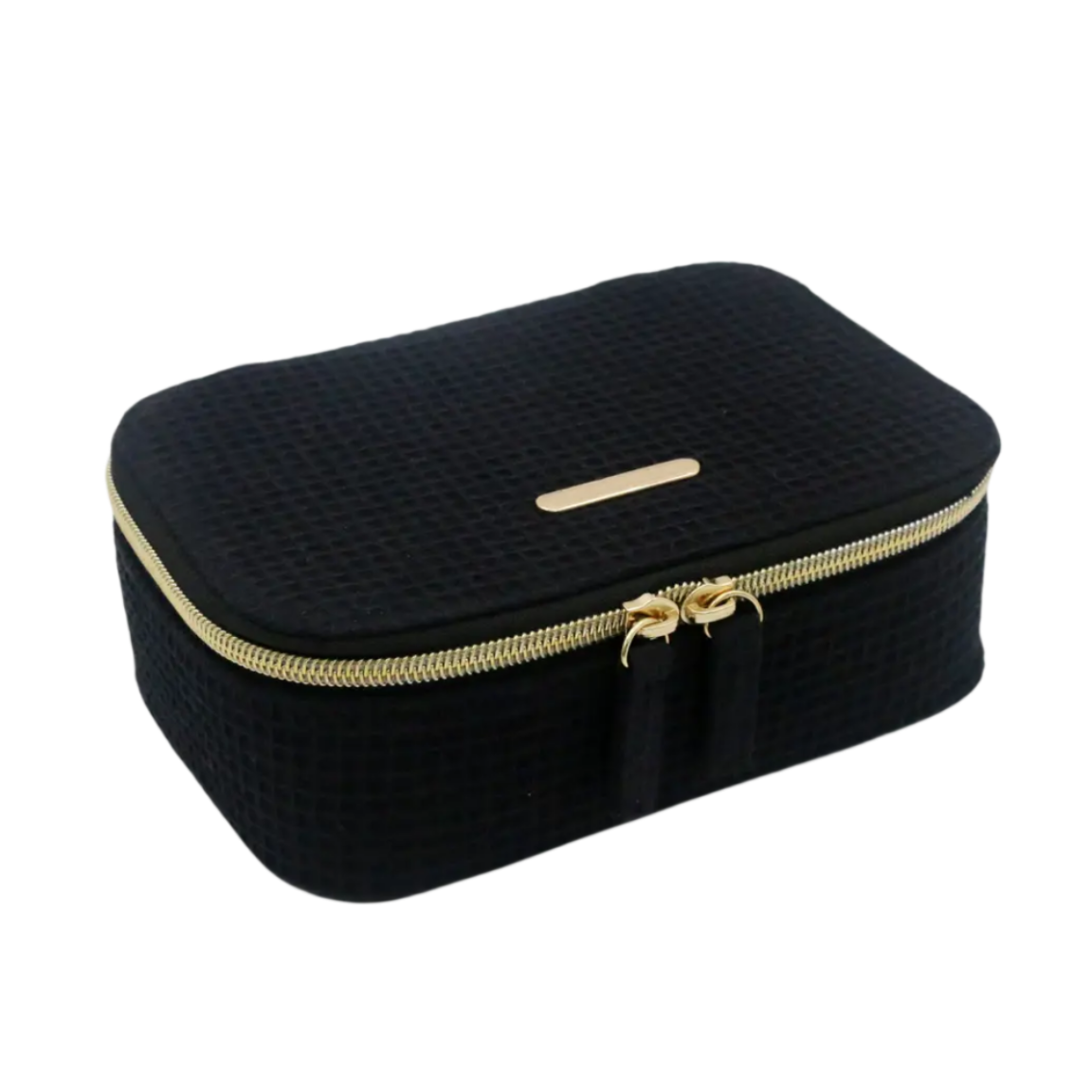 New Waffle Pattern Zipper Closure Eco-friendly Black Cotton Canvas Vanity Beauty Case Custom Logo Makeup Cosmetic Bags Cases