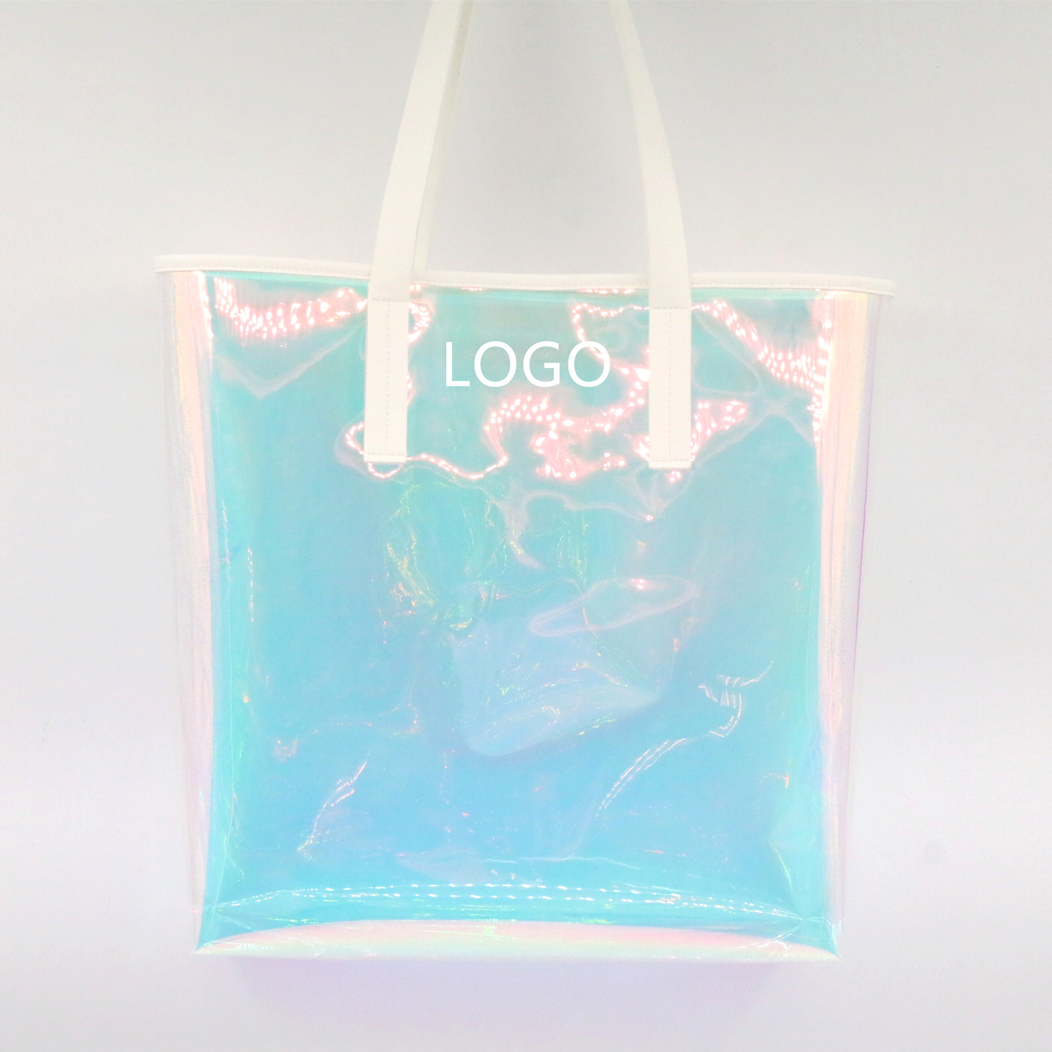 2022 New Product Fashion Holograpgic Clear PVC Waterproof Beach Tote Bag Sturdy Long PU Handle Transparent PVC Multi-functional
