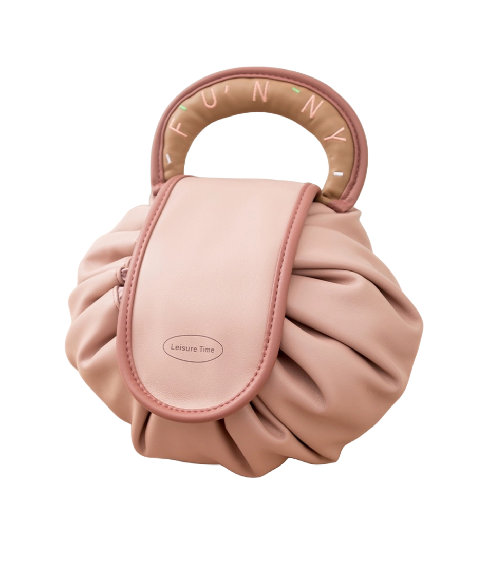 Pink Vegan Leather Drawstring Makeup Storage Bag Custom Logo Large Capacity PU  Travel Toiletry Cosmetic Bag