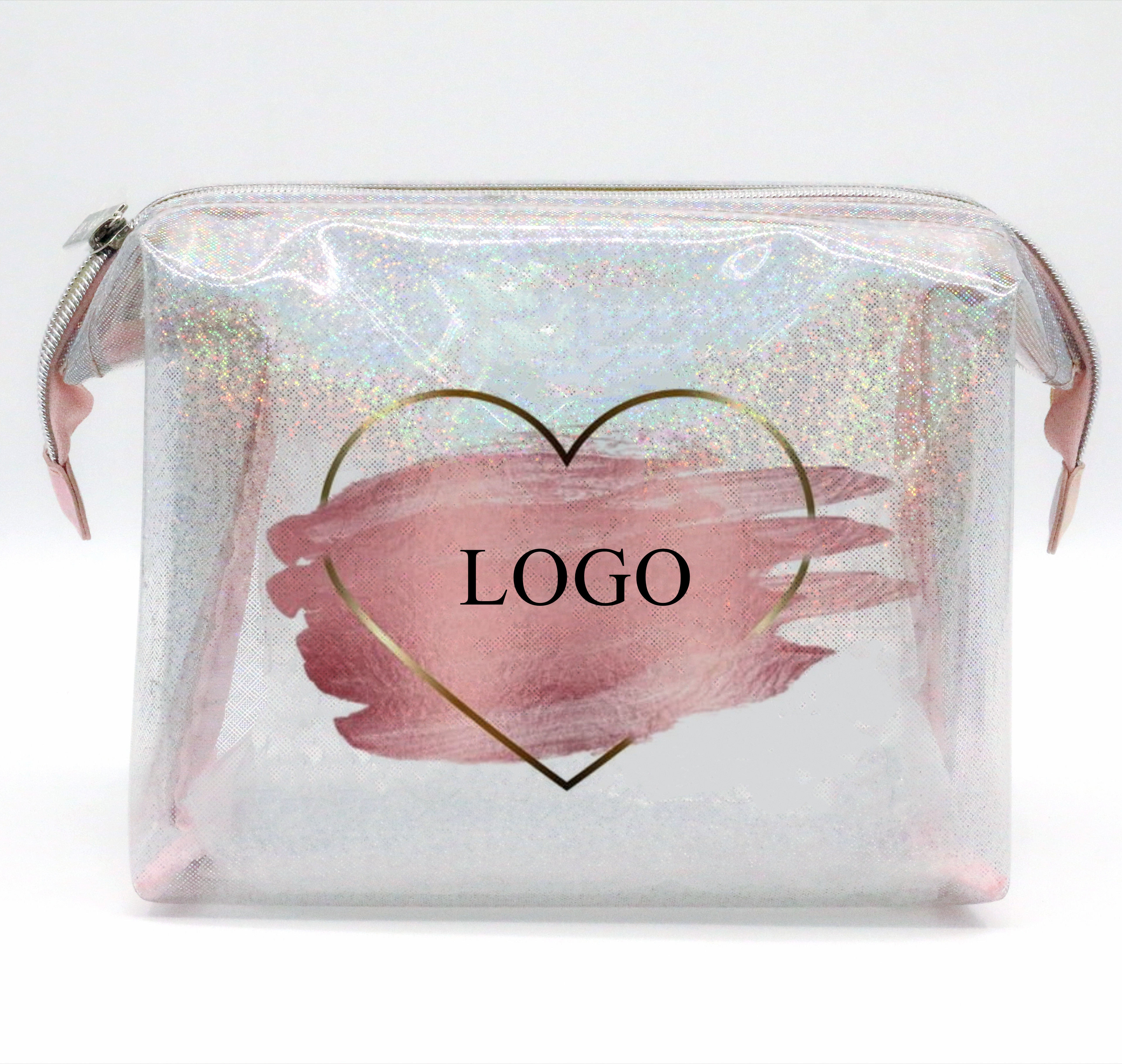 Popular Ins Cute Heart Pattern Shiny Glitter Clear Transparent PVC Cosmetic Bag Wholesale Custom Logo Waterproof PVC Makeup Bag
