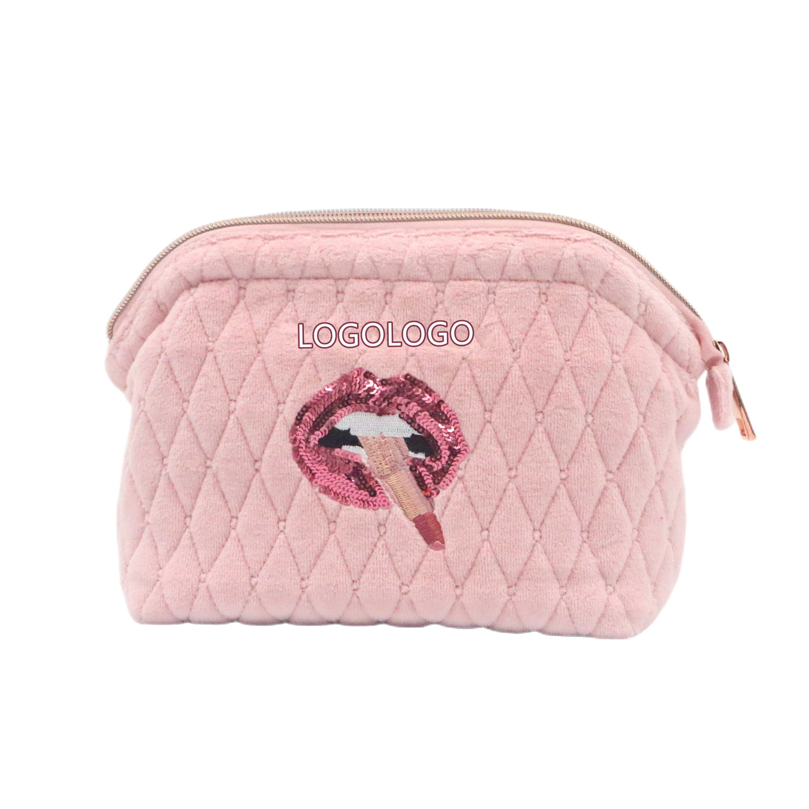 Luxury Glitter Lipstick Embroidery Quilting Velvet Pink Beauty Bag Fashion Women Quilted Polyester Cotton Cosmetic Makeup Bag