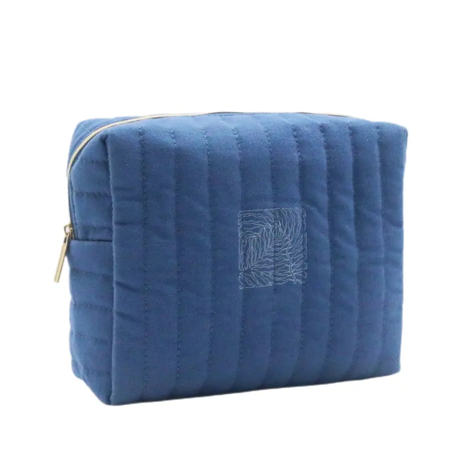 New Designer Blue Quilted Cotton Canvas Beauty Pouch Eco-friendly Promotional Custom Logo Travel Cosmetic Pouch Makeup Bag