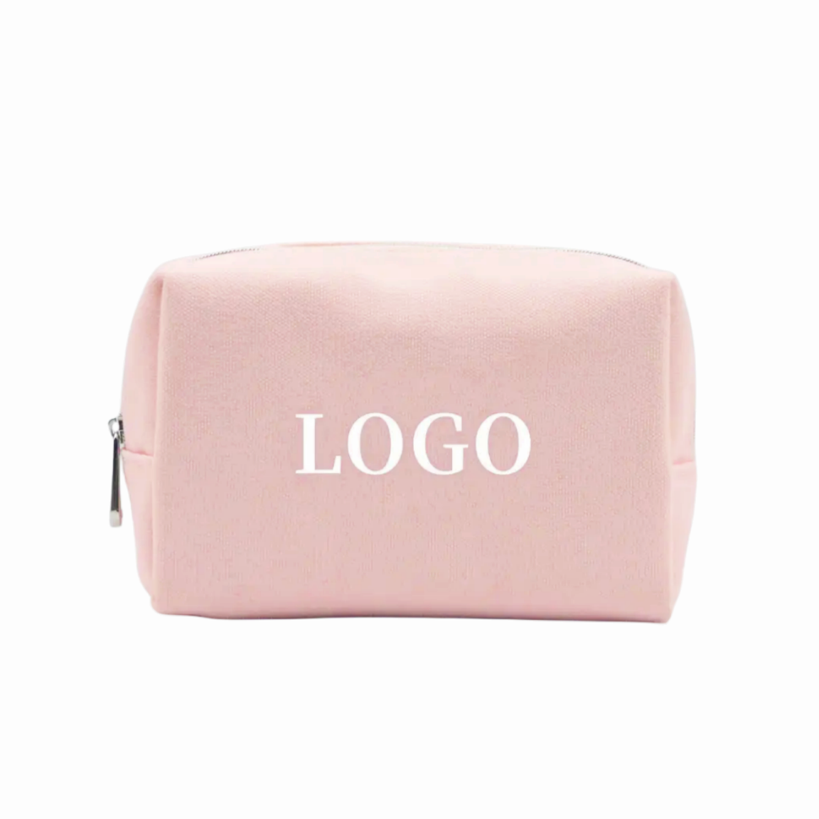 Classic Light Pink Custom Logo Travel Zipper Beauty Pouch Women Lady Eco-friendly Cotton Canvas Cosmetic Makeup Bag