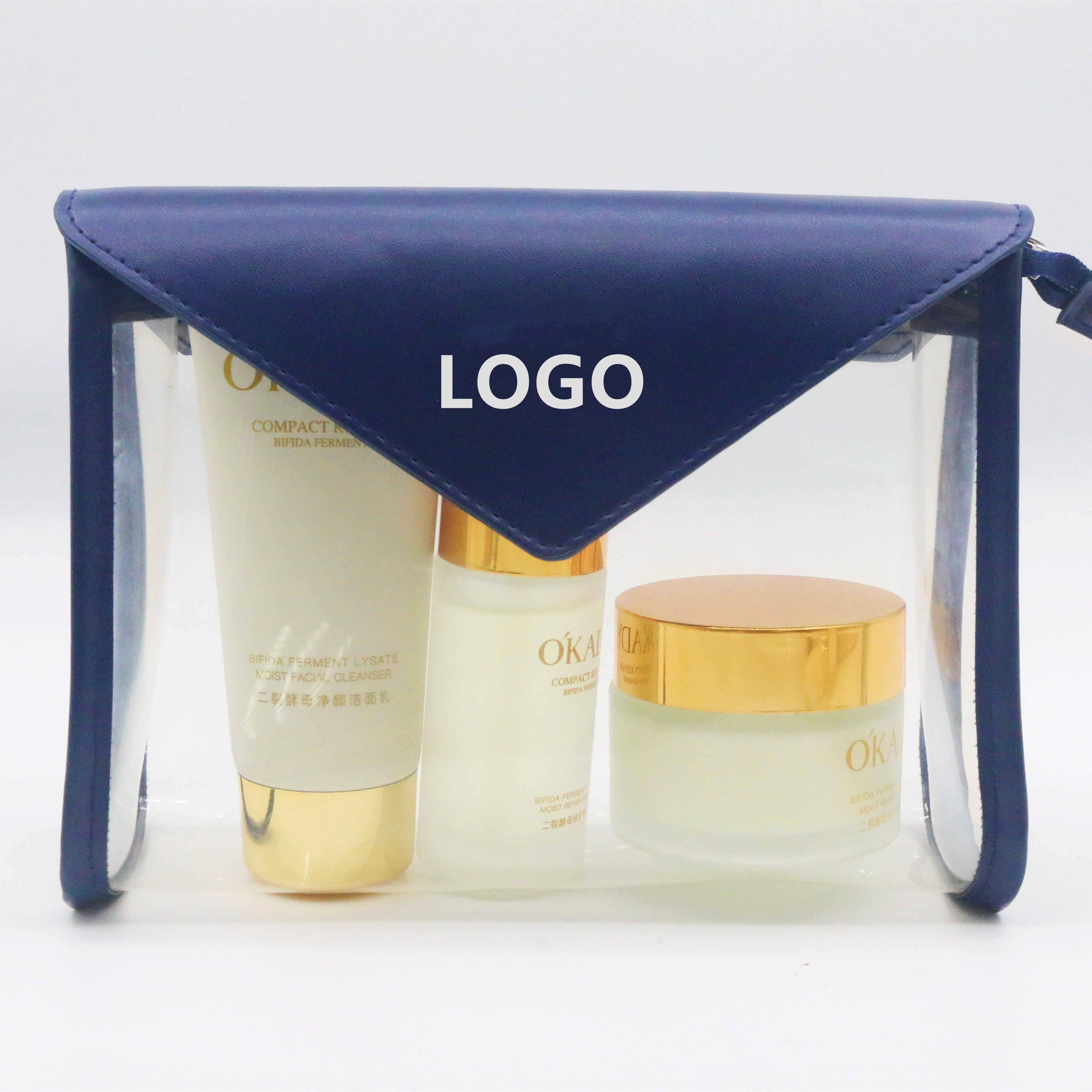 Minimalist Style Classic Letter Shape Waterproof PVC Clear Toiletry Bag Blue PU Transparent PVC Makeup Cosmetic Pouch Bag